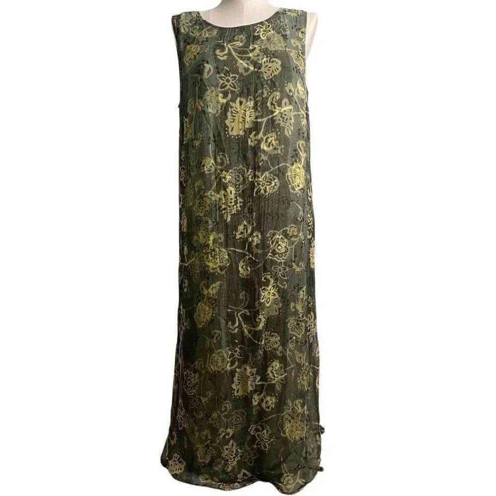 August Max Woman Sleevless Midi Dress 16W Green Sheer Floral Overlay Artsy Lagom